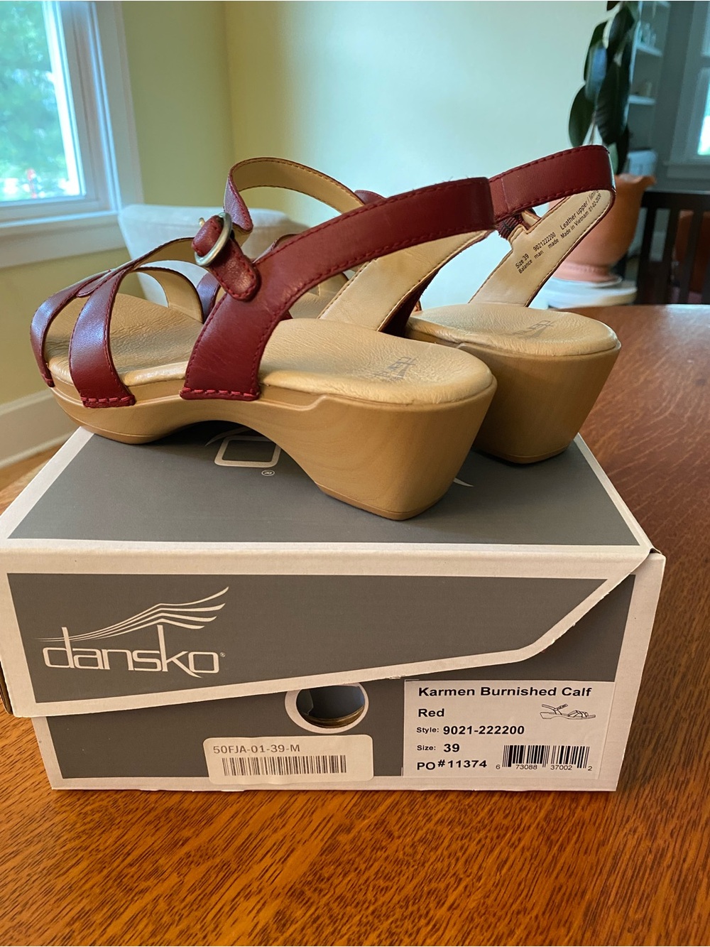 Dansko Karmen Burnished Red Leather Wedge Sandals